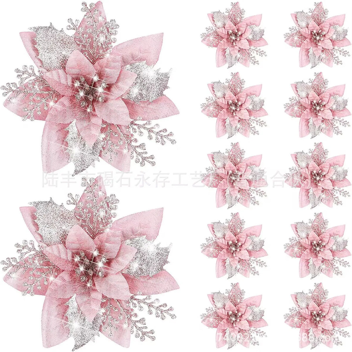30pcs Glitter Pink Christmas Flowers Xmas Tree 14cm Artifical Flower Ornaments 2023 Merry Christmas Decoration For Home New Year