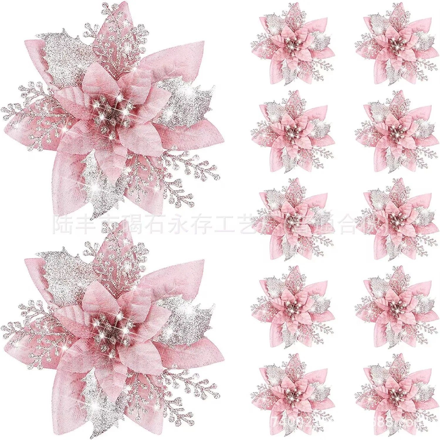 30pcs Glitter Pink Christmas Flowers Xmas Tree 14cm Artifical Flower Ornaments 2023 Merry Christmas Decoration For Home New Year