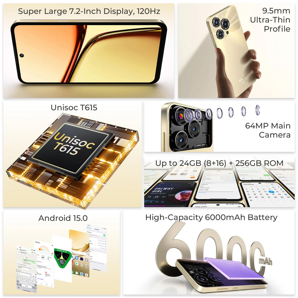 OUKITEL C69 Smartphone 6000mAh, 7.2” HD+ Large Screen 24GB(8+16)+256GB, 64MP Main Camera NFC Cellphone Android 15,120Hz,Dual 4G