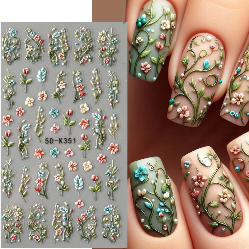 5D Daisy Embossed Nail Stickers Spring Fresh Floral Designs Acrylic Five-Petal Flower Self-Adhesive Nail Art Decals Decorations