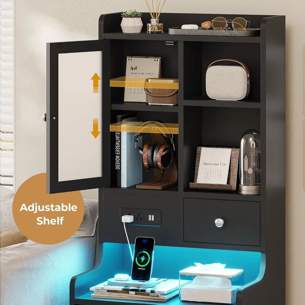 contemporary 49.2" led-lit nightstand with charging port and storage shelf