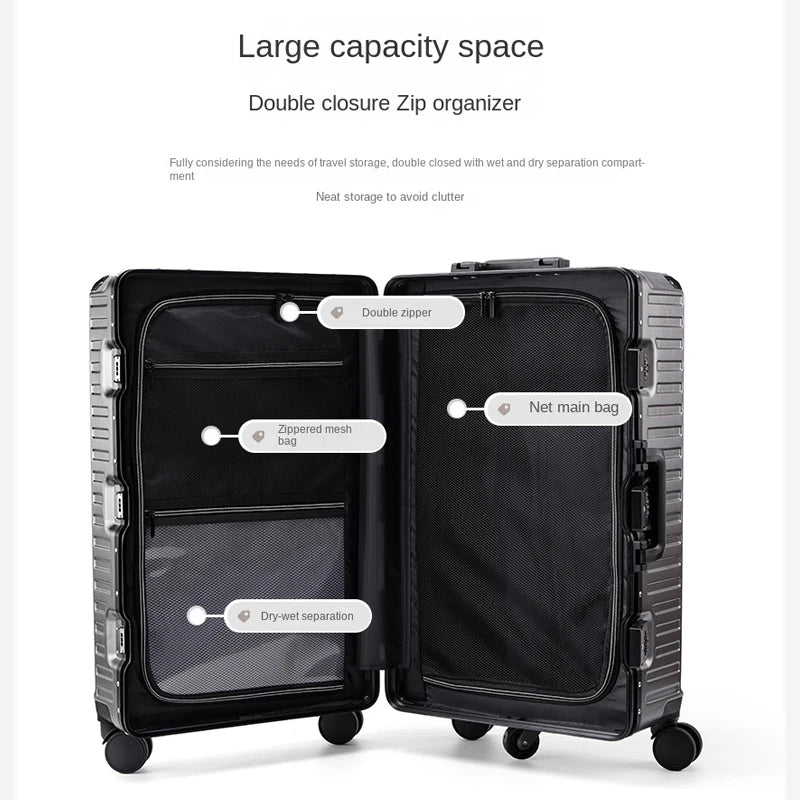 Five Wheels Luggage Aluminum Frame Multifunctional Travel Suitcases  22-28''Large Size Suitcases 3:7 Split