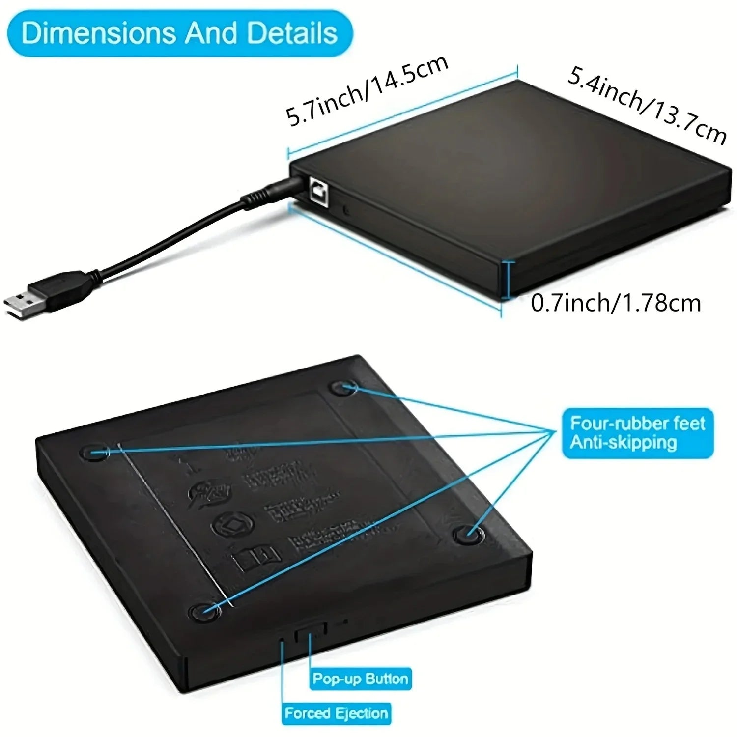 USB 3.0 Type-C External CD DVD Drive, USB 2.0 Slim Protectable External CD-RW Drive DVD-ROM  Player for Laptops Desktop PCs