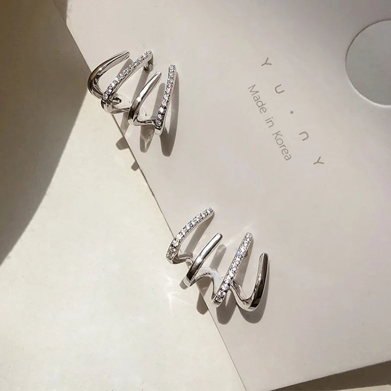 Korean Earring Claw Ear Hook Stud Earrings for Women White Enamel CZ Gold Color Ear Earrings Fashion Jewelry Christmas Gift