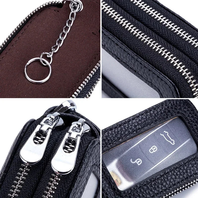 Car Key Holder Men Genuine Leather Practical Housekeeper Multifunctional Double Zipper Square Home Key Case Women Keys Wallet