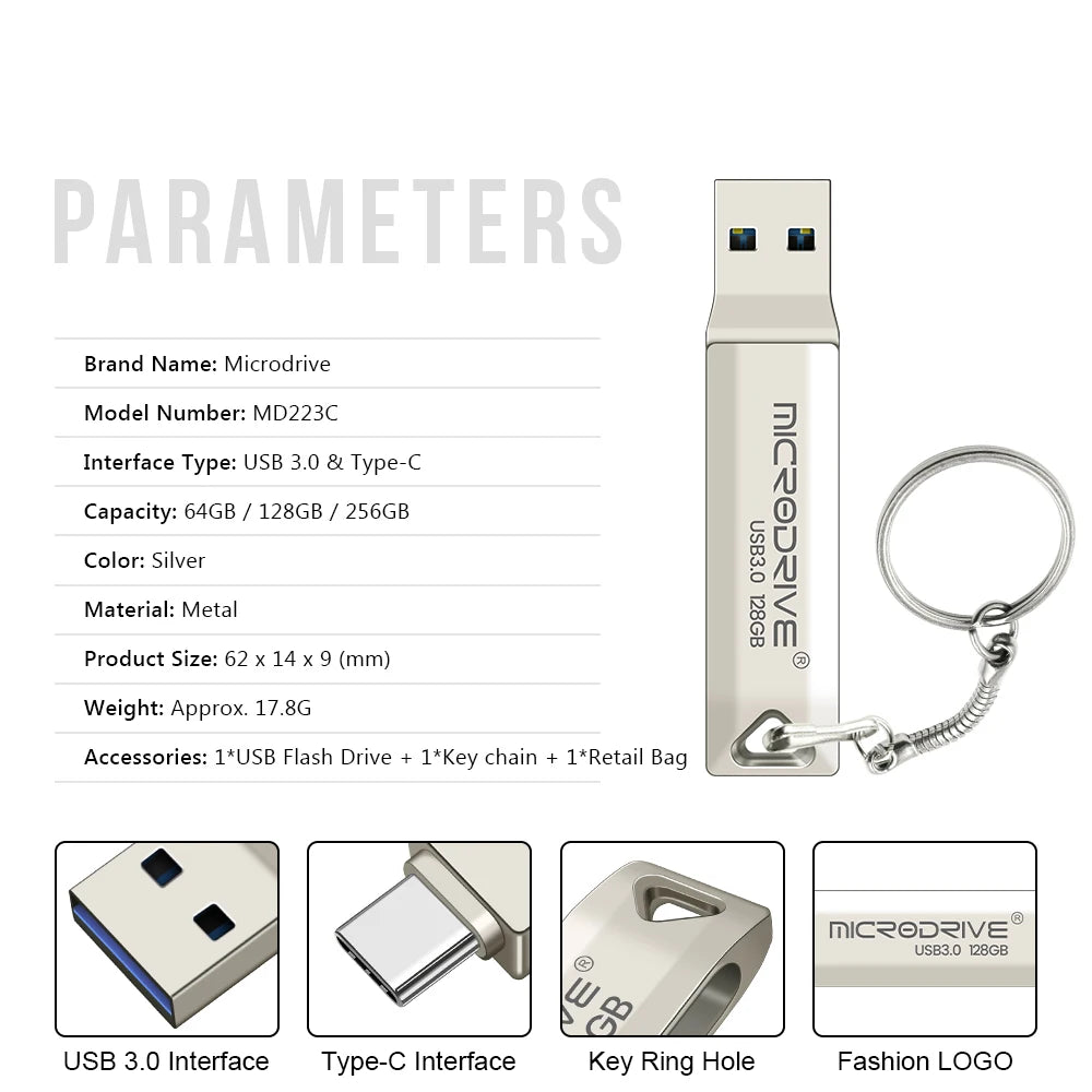 2 in 1 OTG USB-C Flash Pen Drive Metal Memory Stick Usb 3.0 flash Disk 64GB 128GB 256G 512G USB3.0 Type-C Pendrive