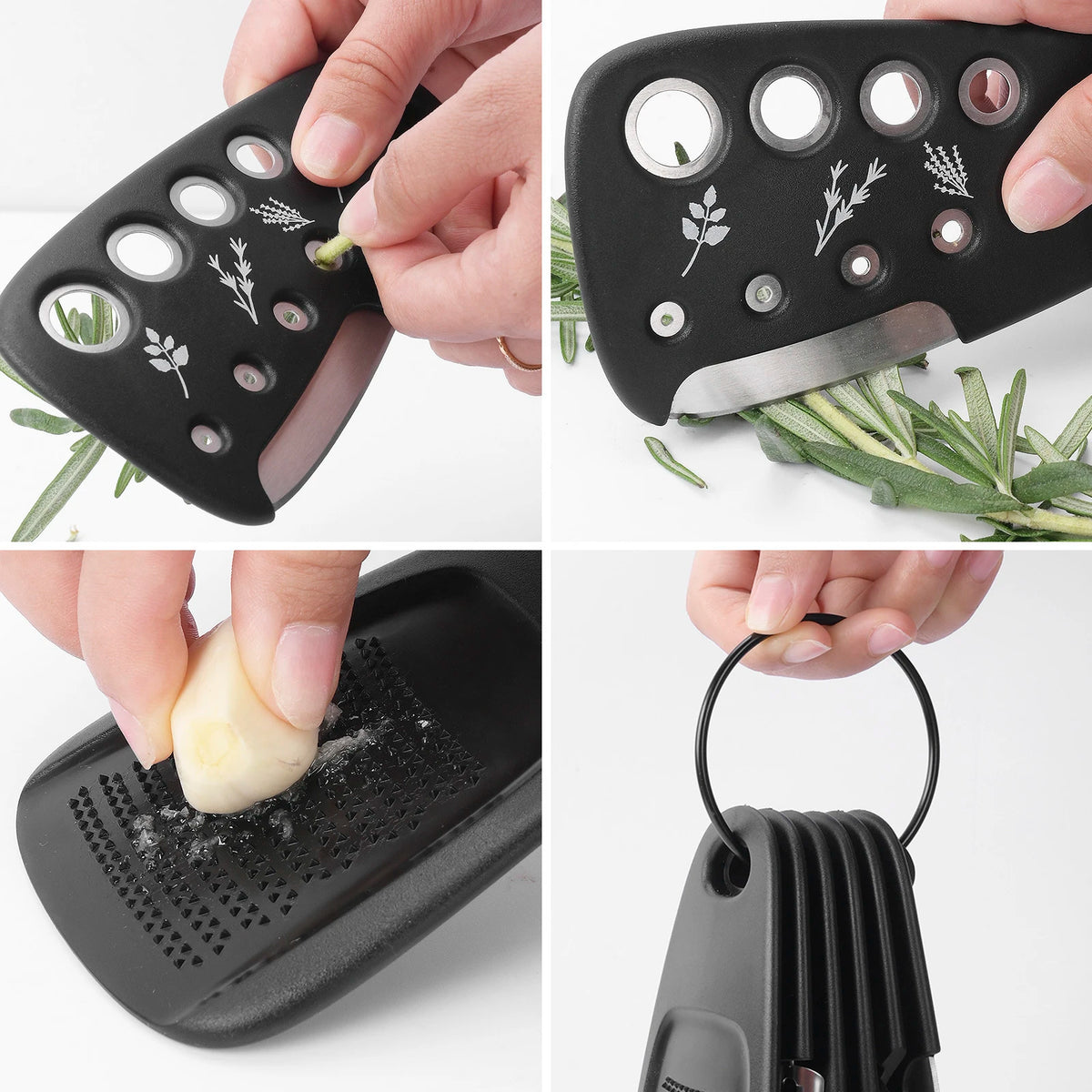 7 In 1 Kitchen Gadgets with Pizza Cutter Vegetable Peeler Bottle Opener Cheese Grater Herb Stripper Garlic Grinder and Brush
