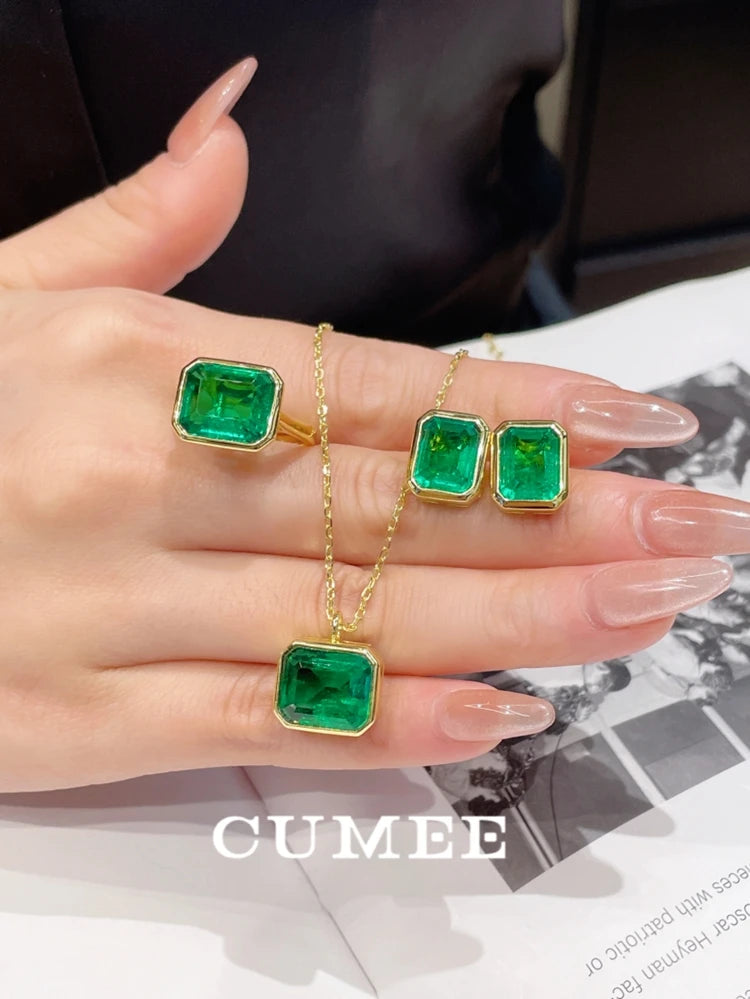 CUMEE 925 Silver Jewelry set Personalized, Cultivated Synthetic Emerald Earring for Women Jewelry , 18K Yellow Gold-plated