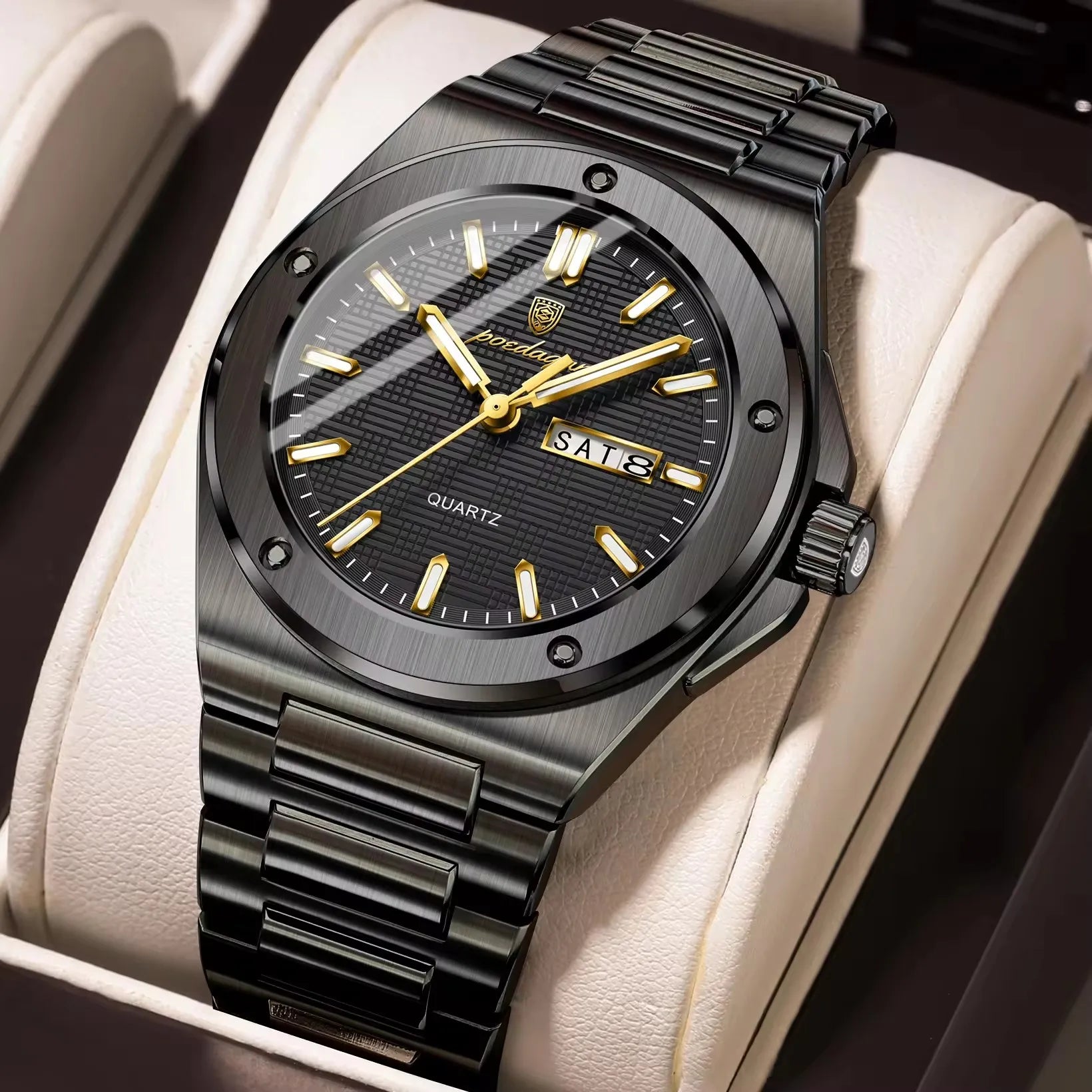 Poedagar 696 Hot Sale Men Stainless Steel Band Quartz Movement Watch Waterproof Fashion Business Luminous Calendar Wristwatch