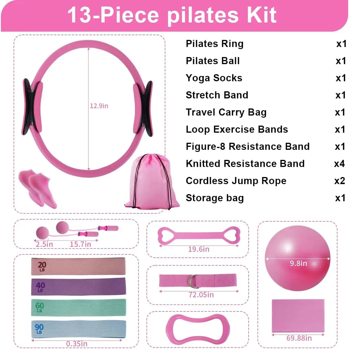 Women's Pilates Kit with Ring, Ball, Bands, Strap, Rope & Bag for Home Workouts