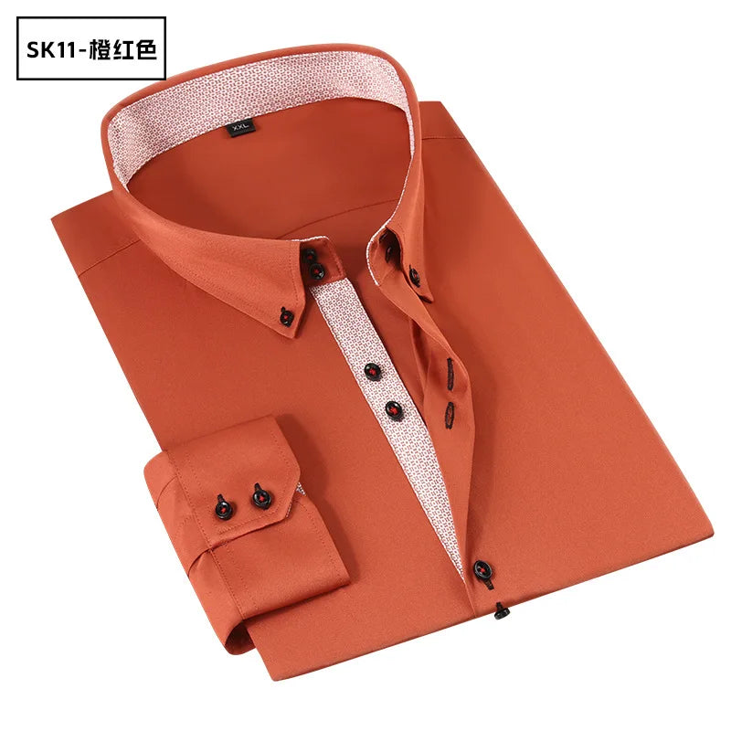 Men's Solid Color Patchwork Long Sleeve Shirt Business Casual Slim Fit Button Tops