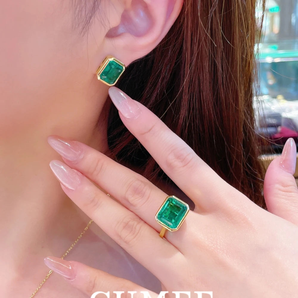 CUMEE 925 Silver Jewelry set Personalized, Cultivated Synthetic Emerald Earring for Women Jewelry , 18K Yellow Gold-plated