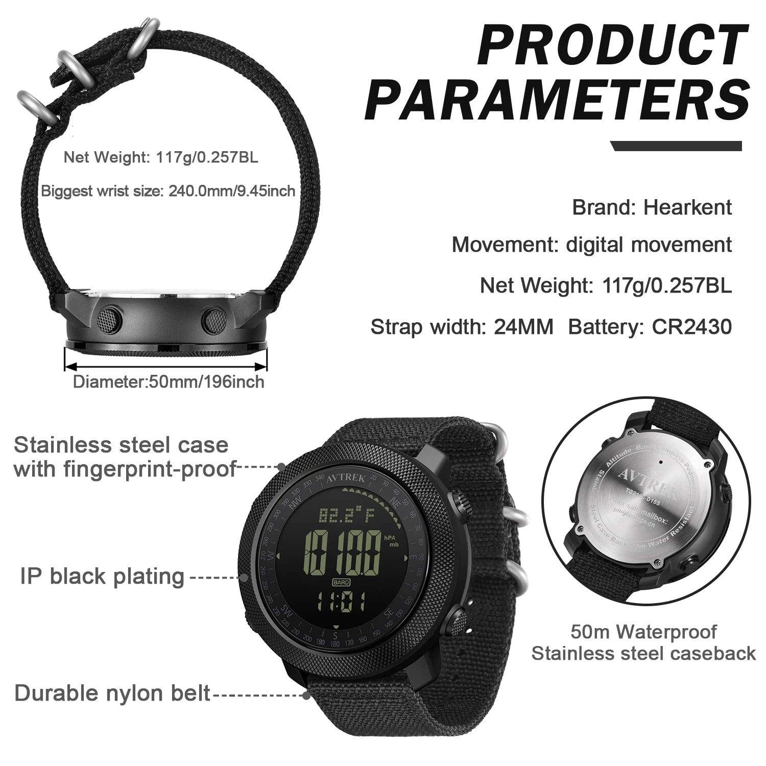 Avtrek Sport Digital Watch Military Army Watches Men's Outdoor Hiking Compass Waterproof Altimeter Barometer Tourist Wrist Watch