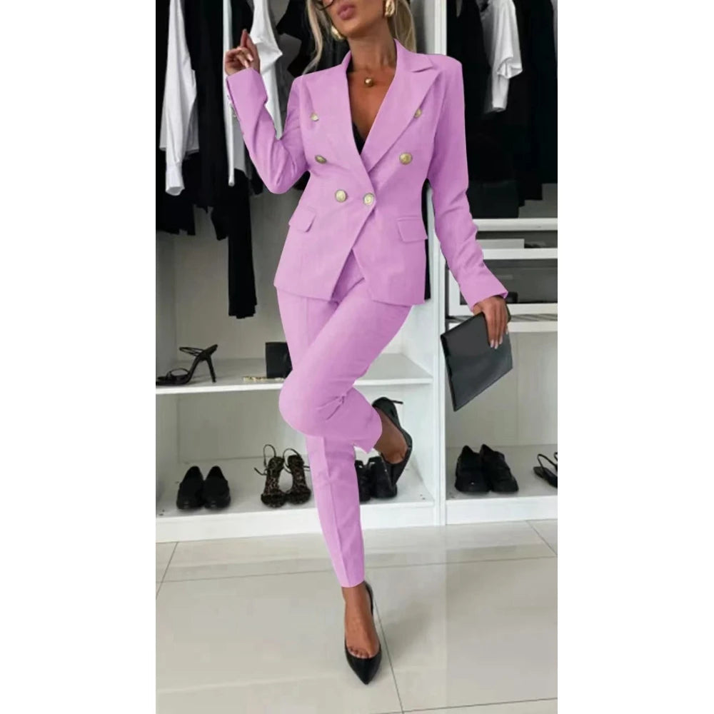 Women Casual Plain Blazer Coat & Work Pants Set Formal Solid OL Style 2 Pieces Set Bussiness Office Lady Suit Sets Workwear
