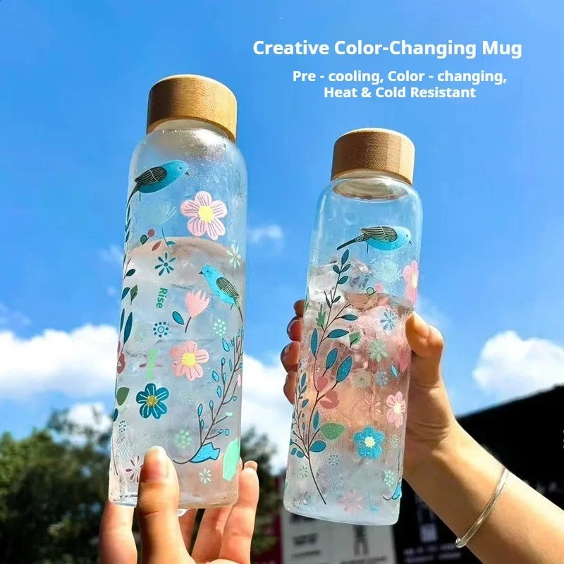 Temperature Changing Glass Cup Large Borosilicate Sports Water Bottle Heat Transfer Gift Mug for Cold Brew & Travel