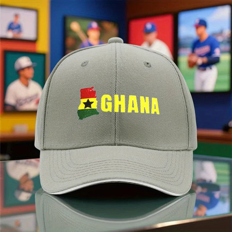 1pc Unisex Baseball Cap, New Style Breathable Black Snapback Hat with Ghana Print for Outdoor Camping, Travel, Running, Yoga, an