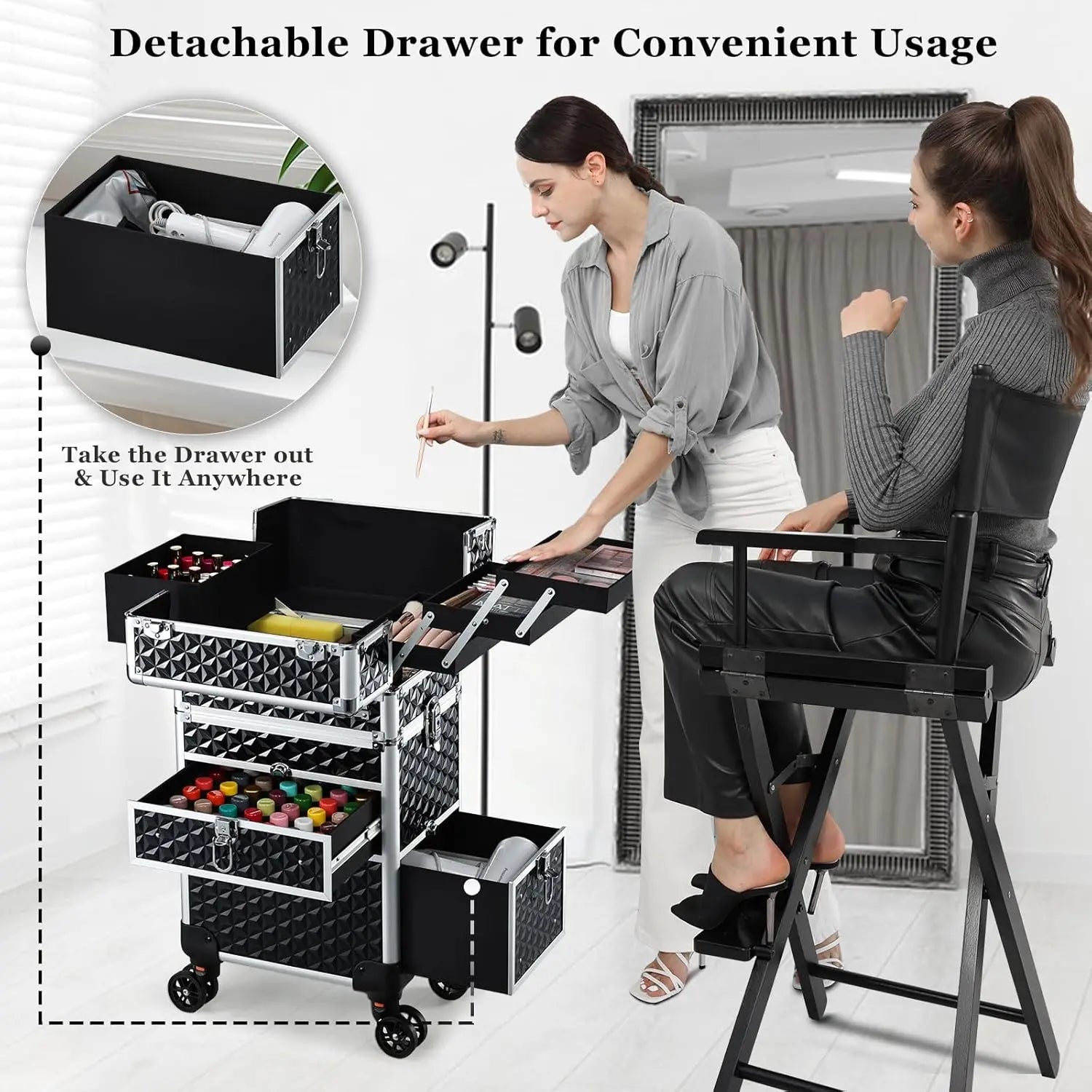 Rolling Makeup Case with Wheels Drawers Large Professional Cosmetology Trolley Case Lockable Travel Cosmetic Storage Train Cases